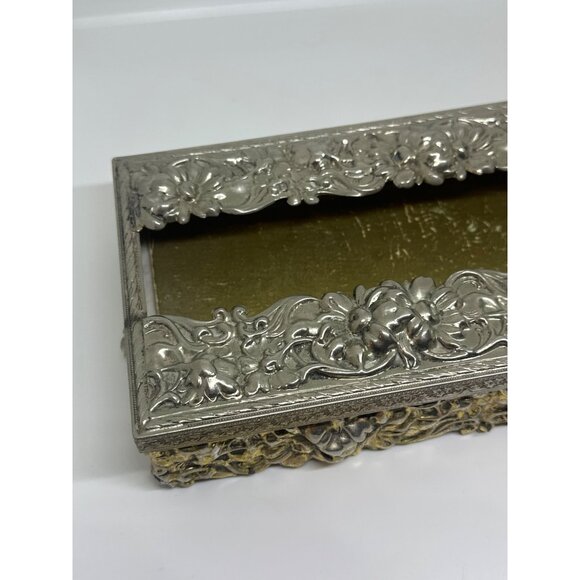 VTG Ornate Silverplate Tissue Box Cover 10.5" Gold Base Floral Hollywood Regency - Picture 2 of 6